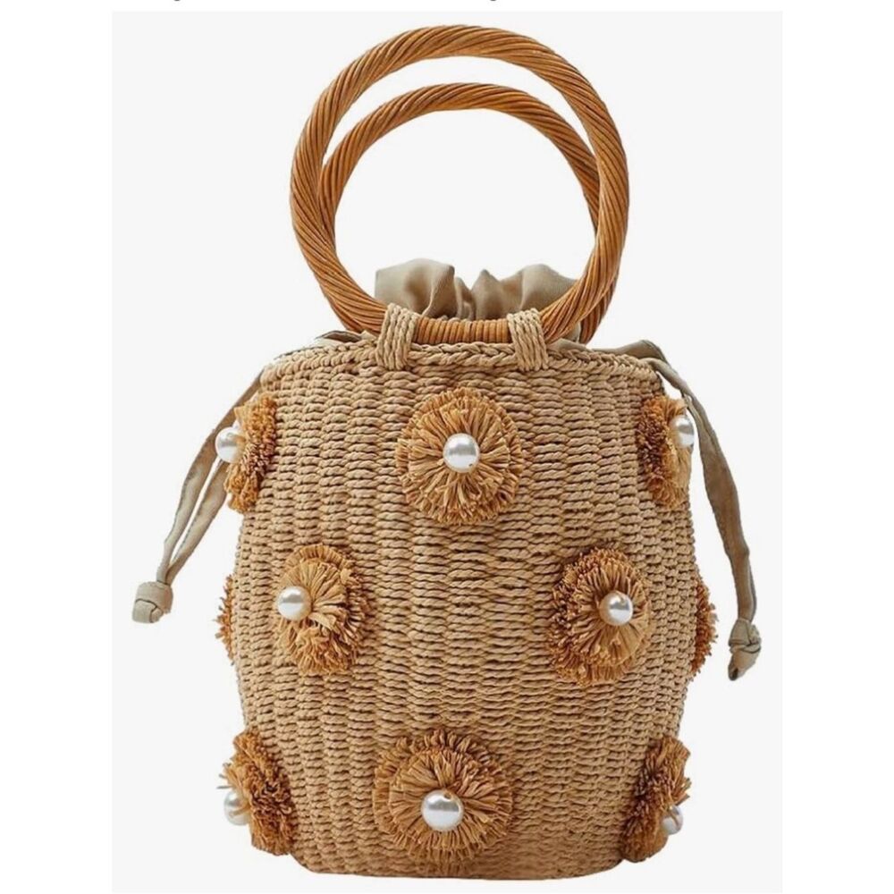 NEW Straw Pearl Accent Bucket Bag
